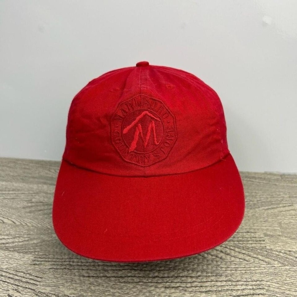 Vintage Marlboro Cigarettes Hat Cap Snap Back Red USA Made Leather Strap